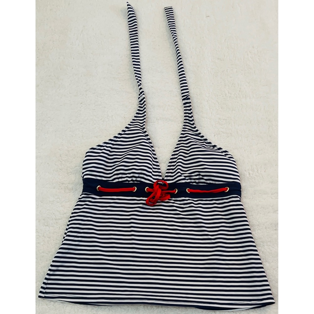 Nautica Womens Navy White Striped Halter Tankini Swim Top Red Accent 12